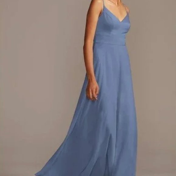 David's Bridal // Steele Blue Spaghetti Strap Satin Top Chiffon Bridesmaid Dress - Picture 2 of 7